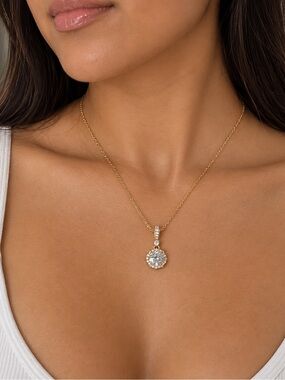 Gold Halo Pendant Necklace with Clear Crystal